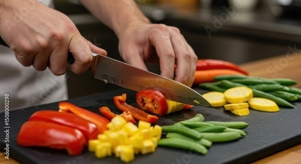 Obraz 野菜をカットする男性の手元、キッチンでの料理の準備