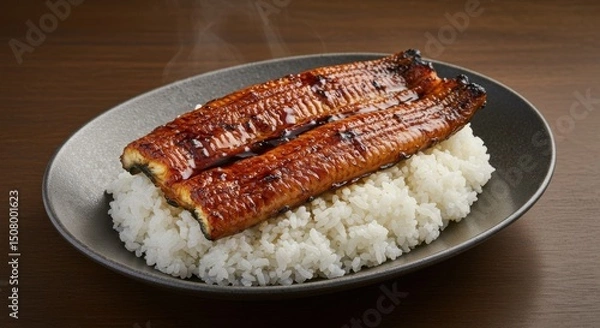 Obraz うな重、鰻の蒲焼きとご飯を盛り付けた熱々の和食料理