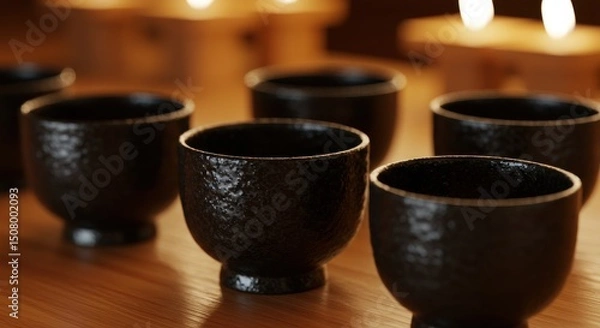 Obraz 日本酒の黒いお猪口のクローズアップ、温かい照明とキャンドルで日本酒を味わうイメージ