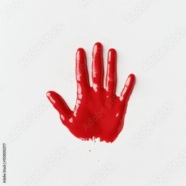 Fototapeta A vivid red handprint on a clean white surface, symbolizing creativity and expression.