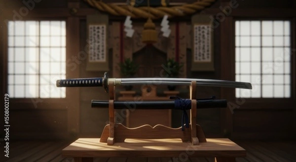 Obraz 刀置きに置かれた日本刀、伝統的な神社の背景
