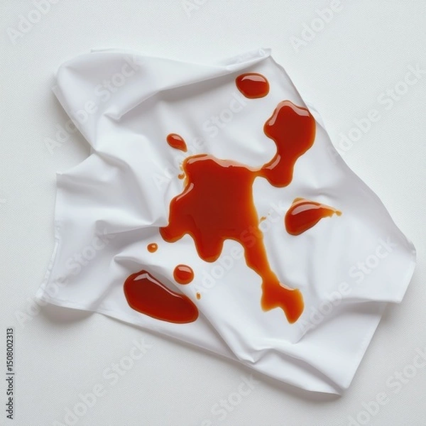 Fototapeta A vivid splash of sauce on a wrinkled white cloth, adding a dynamic culinary touch.