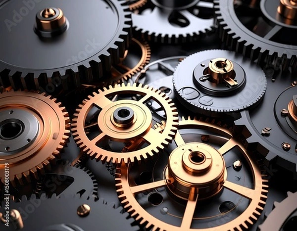 Fototapeta Intricate array of metallic gears, bronze and black, interlocked