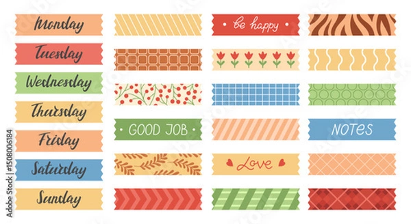 Fototapeta Colorful and playful adhesive tape stickers for daily organization, perfect for planners, journals, and creative projects. Vector set of patches in retro doodle