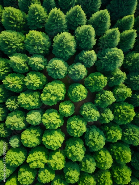 Obraz Green trees in a woodland, seen from above. CO2 is captured by a drone shot of a densely green tree. Carbon neutrality and the idea of net zero emissions are backed by a green tree environment. a gree