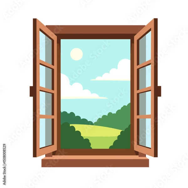 Obraz Open Window Overlooking a Sunny Landscape with Green Fields and Rolling Hills Illustration