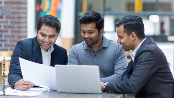 Fototapeta Smiling Indian Coworkers in Digital Workflow Discussion at Startup Environment
