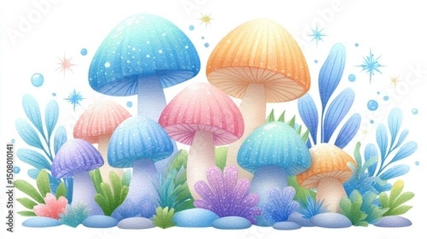 Obraz Pastel Mushrooms and Whimsical Foliage in a Sparkling Fantasy Illustration