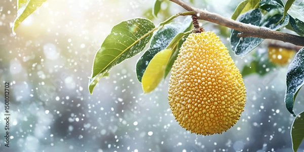 Fototapeta Exotic Yellow Fruit Hanging from Snow-Covered Tree in Winter Weather

