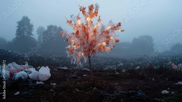 Fototapeta Artistic Tree with Shredded Leaves Illuminated in Foggy Landscape