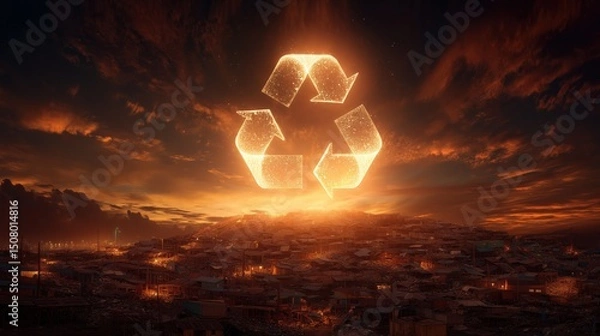 Fototapeta Glowing Recycling Symbol in a Colorful Sunset Over a Cityscape