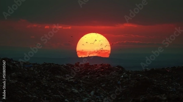 Fototapeta Vibrant Sunset Over a Landfill with Birds in the Sky Above