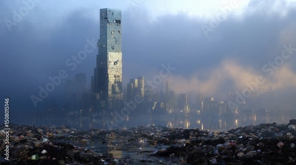 Fototapeta Futuristic Skyscraper Surrounded by Pollution and Reflective Waters