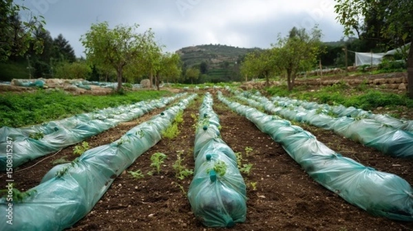Fototapeta Crops Replaced by Rows of Plants Covered in Plastic on a Farm