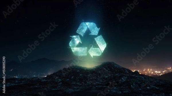 Fototapeta Glowing Recycling Symbol Over a Mountain of Waste at Night Sky