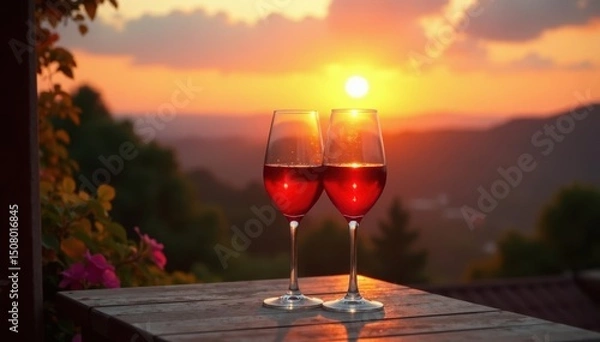 Fototapeta Sunset view from shared balcony, wine glasses, alcohol, togetherness