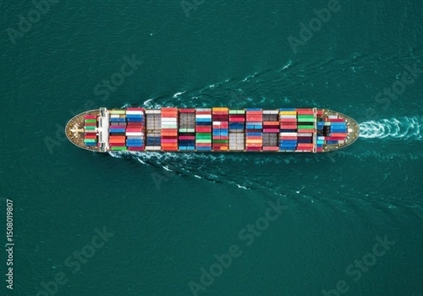 Fototapeta Aerial view of container ship transporting cargo on the ocean surface