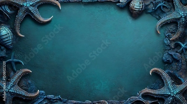 Fototapeta Textured Dark Blue Background Featuring Starfish Seashells and Marine Elements Bordering Empty Space
