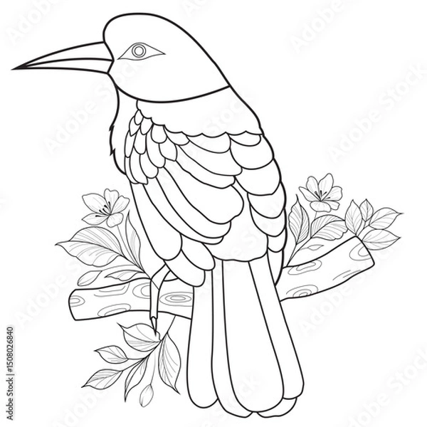 Obraz Bird perched on a branch with flowers and leaves