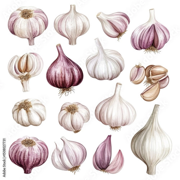Obraz Botanical illustration featuring an assortment of garlic bulbs and cloves