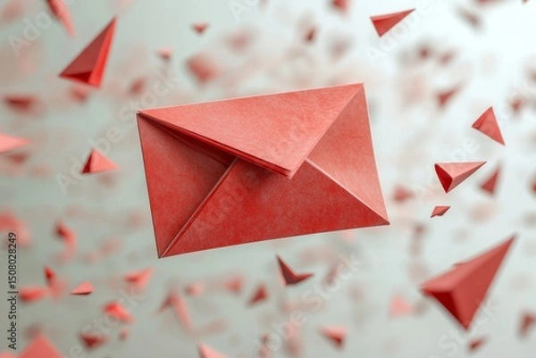 Fototapeta Red Paper Envelope Falling Amidst Abstract Geometric Shapes Digital Communication Concept