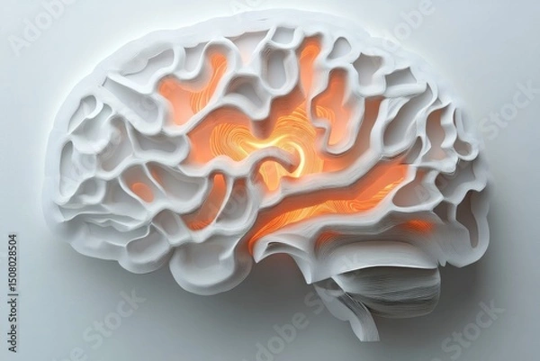 Fototapeta Abstract White Brain Model with Internal Orange Glow Layered Paper Art Neuroscience Concept