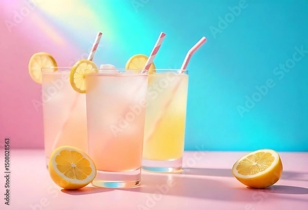 Fototapeta Colorful summer lemonade cocktails with fruit, ice, and striped paper straws. Refreshing pastel beverages on pink background. Perfect for party themes, menus, or promotions.