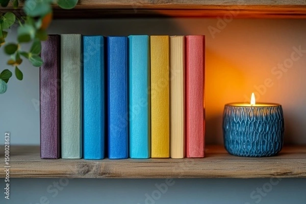 Fototapeta Colorful Bookshelf Decor Cozy Reading Nook with Lit Candle and Varied Spine Colors