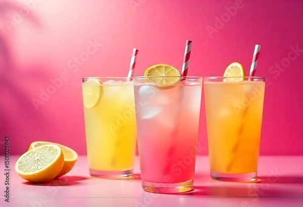 Fototapeta Colorful summer lemonade cocktails with fruit, ice, and striped paper straws. Refreshing pastel beverages on pink background. Perfect for party themes, menus, or promotions.