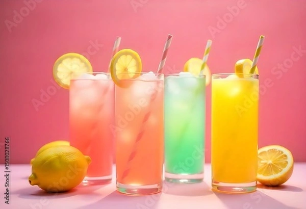 Fototapeta Colorful summer lemonade cocktails with fruit, ice, and striped paper straws. Refreshing pastel beverages on pink background. Perfect for party themes, menus, or promotions.