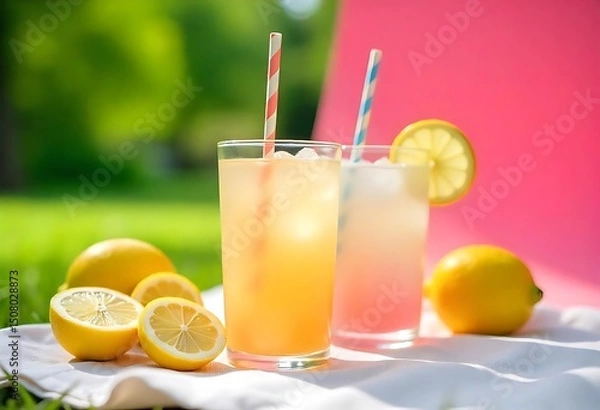 Fototapeta Colorful summer lemonade cocktails with fruit, ice, and striped paper straws. Refreshing pastel beverages on pink background. Perfect for party themes, menus, or promotions.