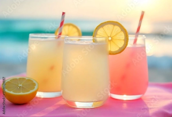 Fototapeta Colorful summer lemonade cocktails with fruit, ice, and striped paper straws. Refreshing pastel beverages on pink background. Perfect for party themes, menus, or promotions.