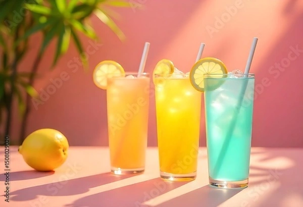 Fototapeta Colorful summer lemonade cocktails with fruit, ice, and striped paper straws. Refreshing pastel beverages on pink background. Perfect for party themes, menus, or promotions.