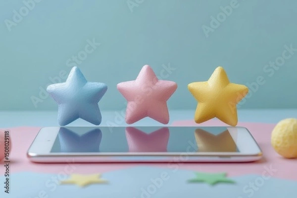 Fototapeta Pastel Stars Hovering Above Smartphone Rating Review Feedback Concept