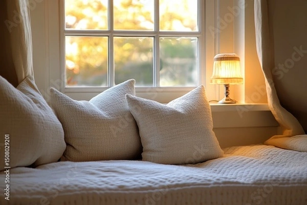 Fototapeta Cozy Window Seat with Textured Pillows Soft Lighting and Autumnal View