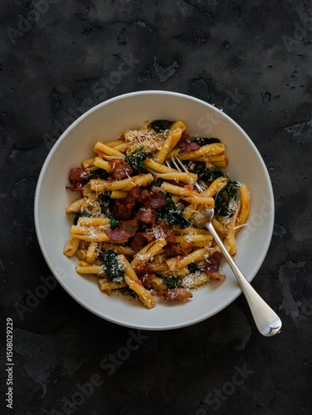 Fototapeta Quick pasta recipe - casarecce with spinach and bacon on a dark background, top view