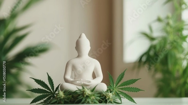 Fototapeta Cannabis and mental health concept. Meditative sculpture surrounded by greenery in a serene setting.