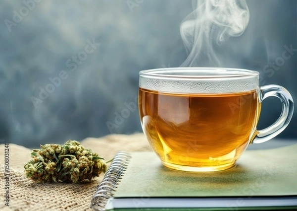 Fototapeta Cannabis and mental health concept. Steaming cup of tea beside herbs on a textured surface.