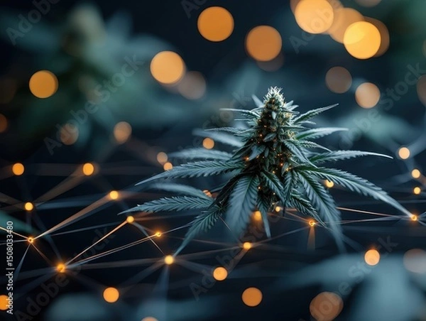 Fototapeta Cannabis and mental health concept. Close-up of cannabis plant with a blurred background of glowing lights.