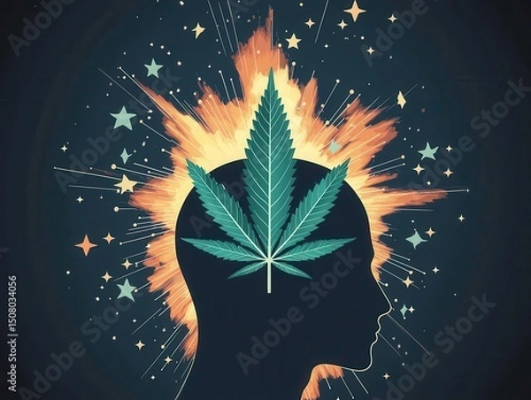 Fototapeta Cannabis and mental health concept. A silhouette of a head with a cannabis leaf, surrounded by colorful bursts and stars.