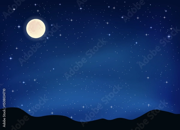 Obraz Full moon on clear, starry night with bright, twinkling stars against a rich dark blue sky background, vector illustration