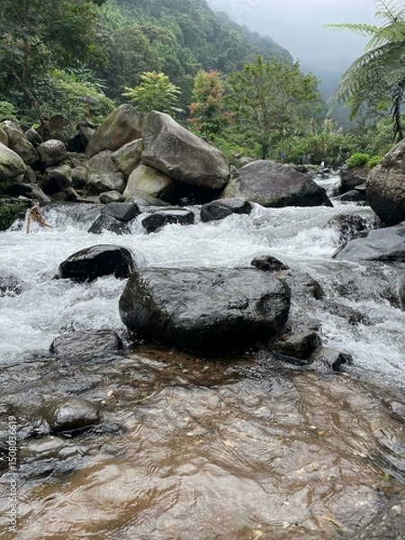 Fototapeta Crystal-clear river flowing over smooth rocks, framed by lush forest and misty mountain views.