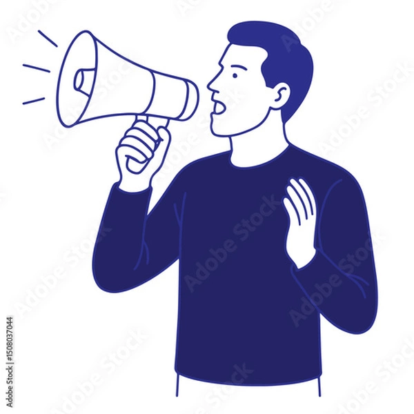 Obraz Man shouting into a megaphone. Concept for announcement, advertising, and promotion.