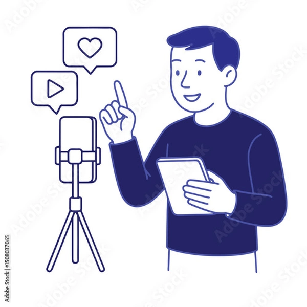 Obraz Man recording video blog with smartphone on tripod, holding tablet. Social media concept.