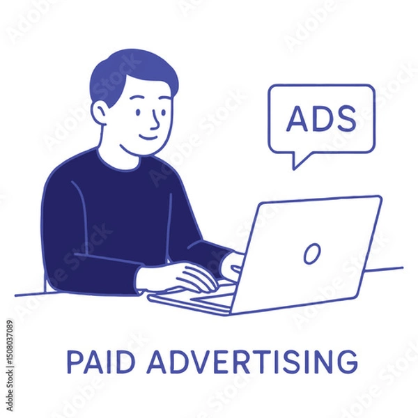 Obraz Man using laptop for paid advertising with ads message bubble. Digital marketing concept.