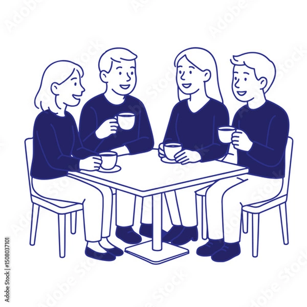 Obraz Four people sitting at table, drinking coffee and talking in simple vector line art.