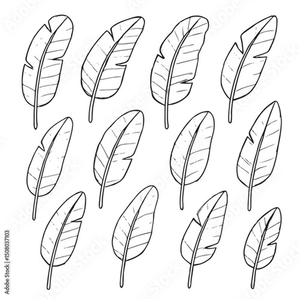 Fototapeta Seamless pattern of hand drawn banana leaves in black and white. Tropical foliage background.