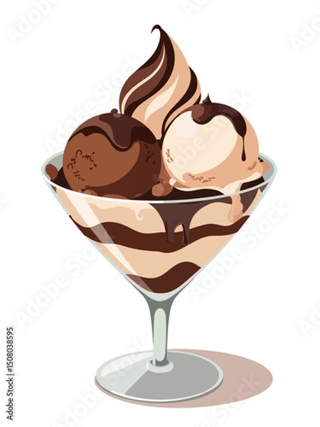 Fototapeta slightly melted ice cream with chocolate and chocolate sauce in a glass bowl
