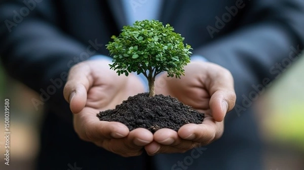 Fototapeta A businessman holding a small tree in his hands, representing green business growth