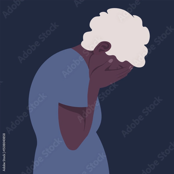 Fototapeta Elderly African woman in despair. Depression and stress. Grandma is crying. Portrait in profile. Side view. Vector illustration in flat style